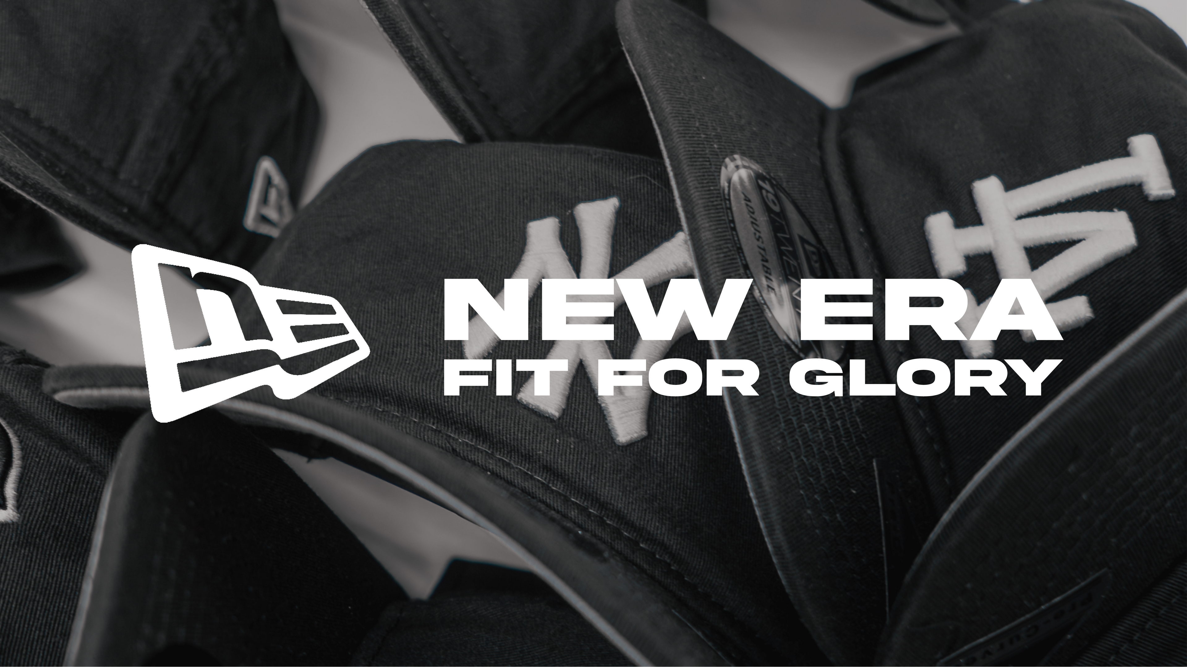 Black caps with New Era logo and 'Fit for Glory' text on a dark background